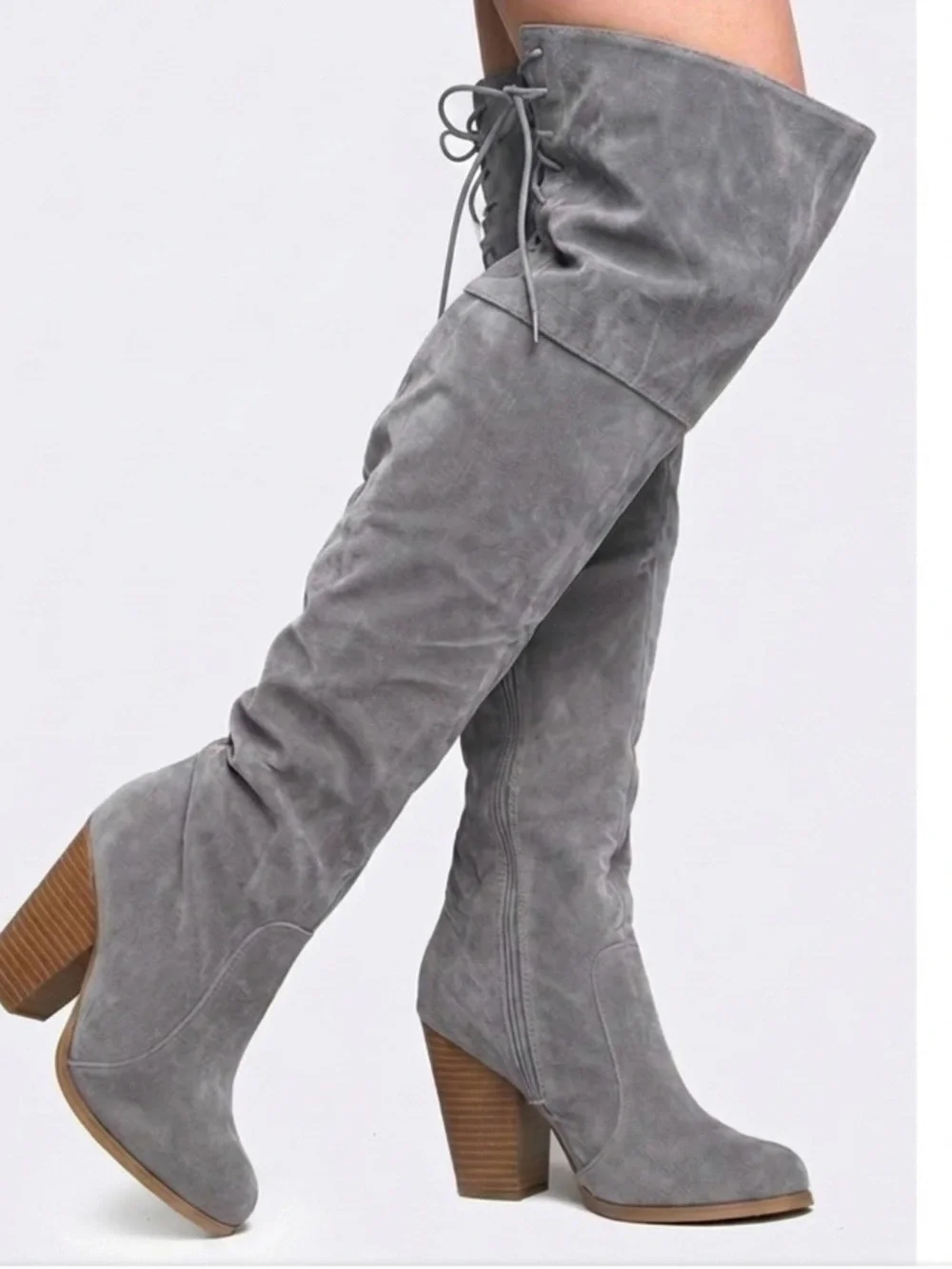 Gray Over the Knee Thigh High Vegan Suede Leather Lace UP Block Heel Boots 8.5